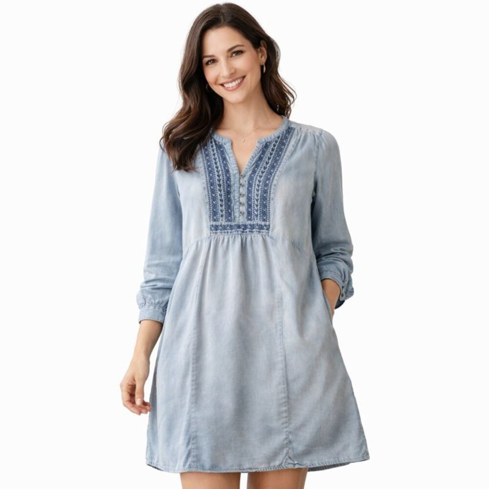 Vintage America Blue Chambray Dress Women’s M Boho Embroidered Long Sleeve